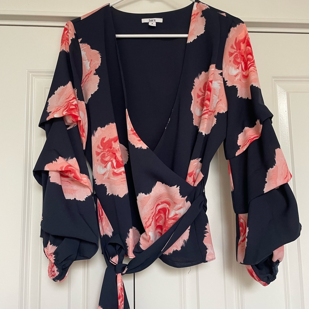 Bar III Navy and Pink Floral Wrap Blouse